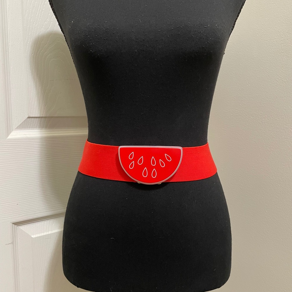 Vintage Liz Claiborne Elastic‎ Waist Belt Watermelon Buckle Red 80s 90s USA Made
